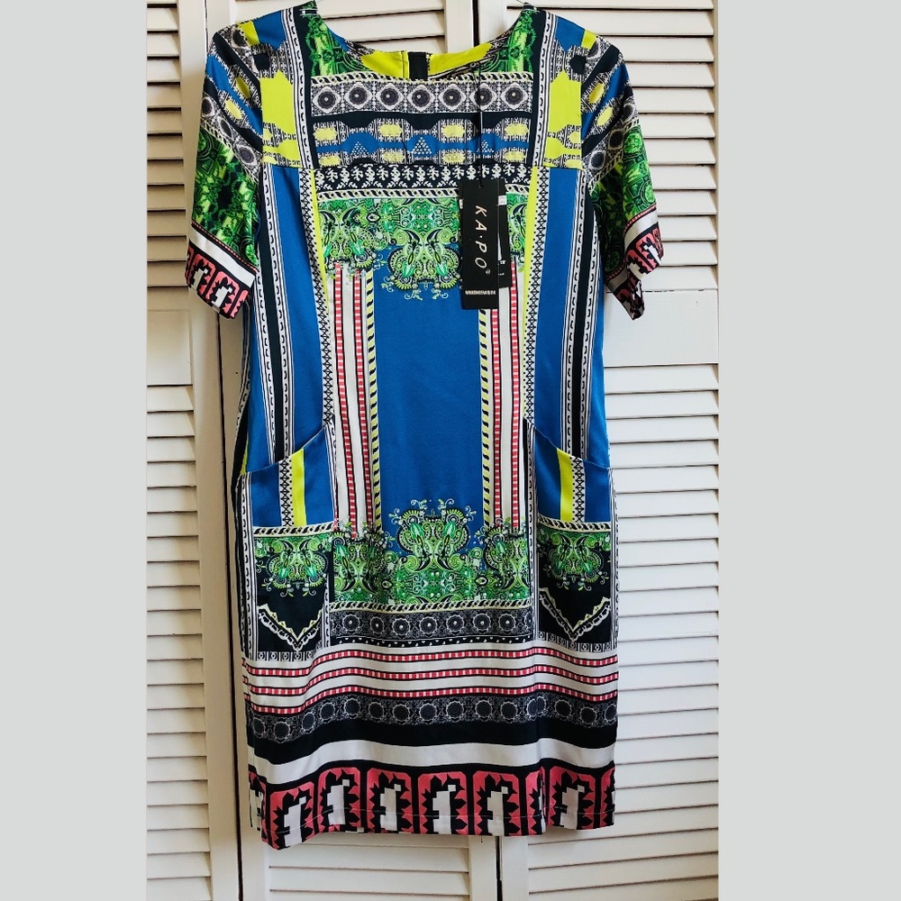 Satin Silk Abstract Printed Stretch Shift Short Sleeve Crew neck Studded Dress S